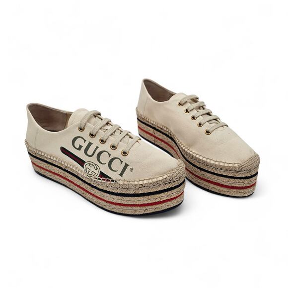 Gucci Shoes - Gucci Lilibeth Platform Espadrille Sneaker White Canvas GG Stripe Size 41 US 11